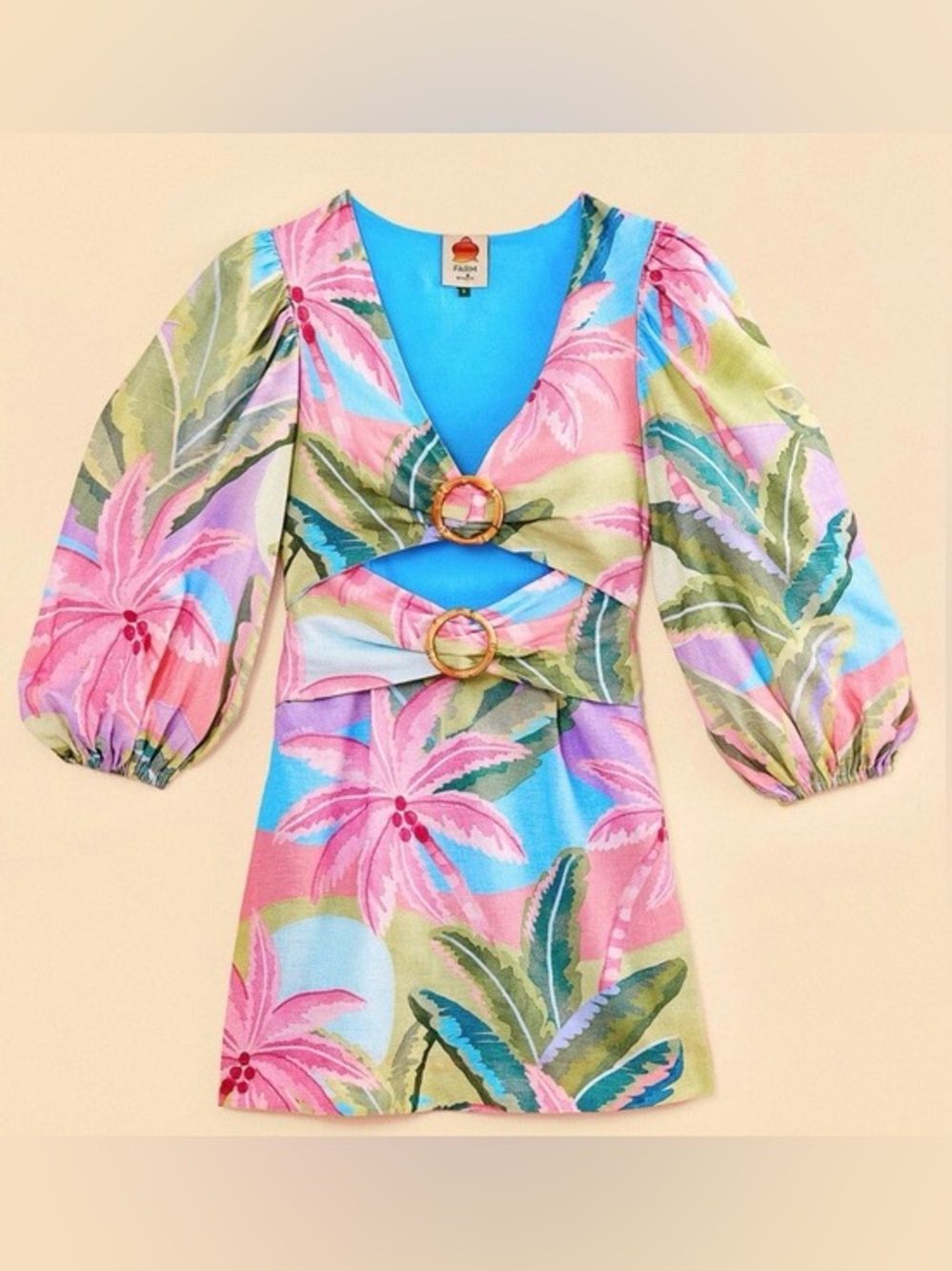 Farm Rio Beach Vibe 3/4 Sleeve Mini Dress with Cutouts in a Multicolored Print